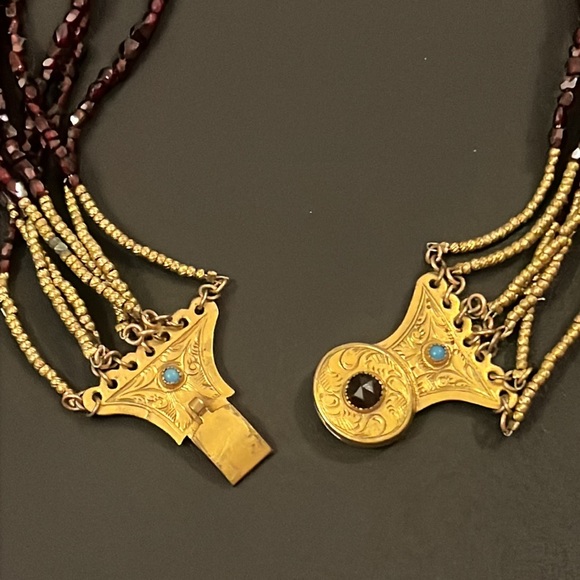 Antique 1800s Gold Victorian Bohemian Multi Strand Garnet Beaded Necklace - Picture 14 of 16